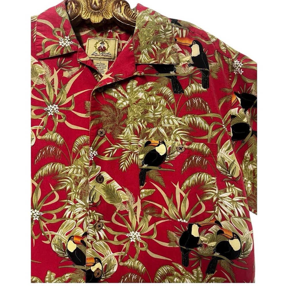 Vintage Joe Marlin Hawaiian Red Toucan Print Men's Casual Cabana Shirt